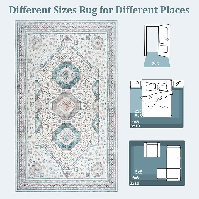 Maxsoft 8x10 Area Rug,Vintage Machine Washable Rugs for Living Room, Soft Non-Slip Low Pile Rug, Stain Resistant Rugs for Kitchen, Bedroom, Dining Room,Laundry Room,Nursery (Beige White)
