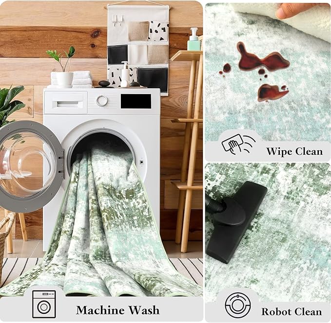 Washable Abstract Rug, 2x3 Small Modern Area Rugs with Non-Slip Rubber Backed for Kitchen, Thin but Soft Throw Carpet Bedroom Entryway Front Door Decor, Green