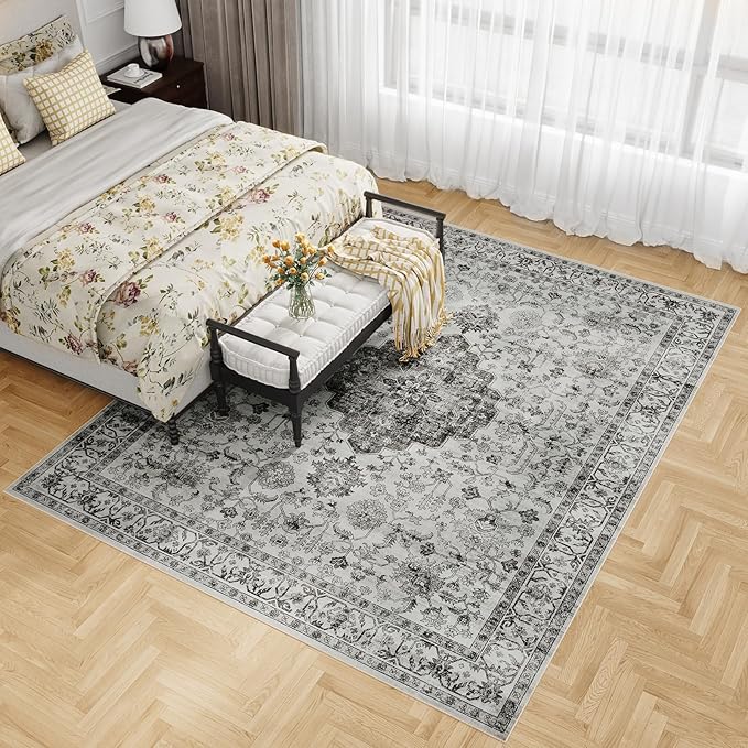 Dripex 5x7 Area Rugs, Machine Washable Non Slip Distressed Boho Rugs, No Pile Lightweight Vintage Rug, Floor Carpet for Living Room,Dining Room,Bedroom and Office,Grey