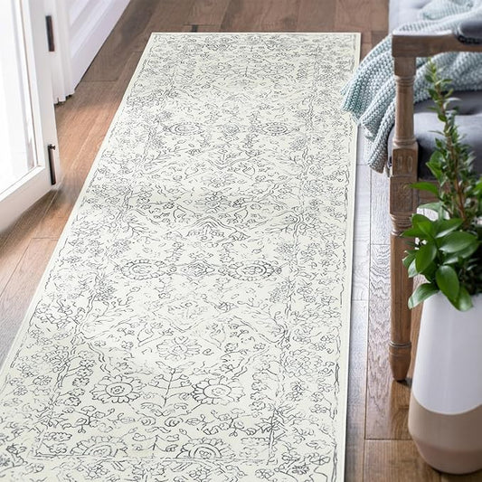 jinchan Hallway Runner Rug 3x10 Washable Kitchen Flora Faux Wool Non-Slip with Rubber Backing Soft Thin Vintage Carpet Runner for Bedroom Bathroom Laundry Room Living Room (3x10ft,Grey)