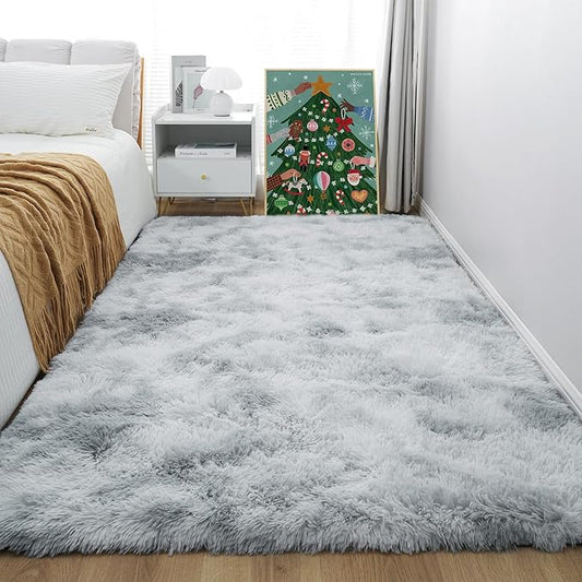 4x6 Light Grey Fluffy Shag Area Rug for Bedroom, Ultra Soft Fuzzy Plush Washable Carpet for Living Room, Modern Cozy Non Skid Furry Shaggy Rug for Kids Baby Boys Nursery Dorm,Tie-Dye Gray