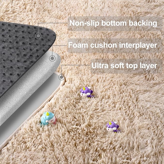 2x3 Rug for Bedroom, Fluffy Area Rugs for Living Room, Small Soft Shag Fuzzy Shaggy Carpets for Kids Boys and Girls Dorm with 4 Non-Slip Rug Tapes for Room Home Decor (2ft x 3ft, Light Tan)