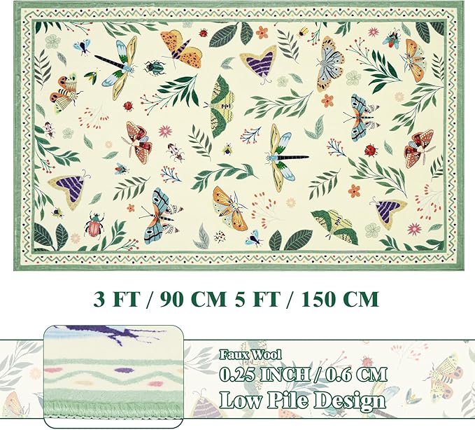 ASPMIZ Insect Area Rug 3X5, Beige Bedroom Rug Non Slip, Spring Summer Washable Rug Farmhouse Butterfly Living Room Rugs Low Pile, Soft Faux Wool Throw Carpet for Entryway, Office, Nursery, Beige