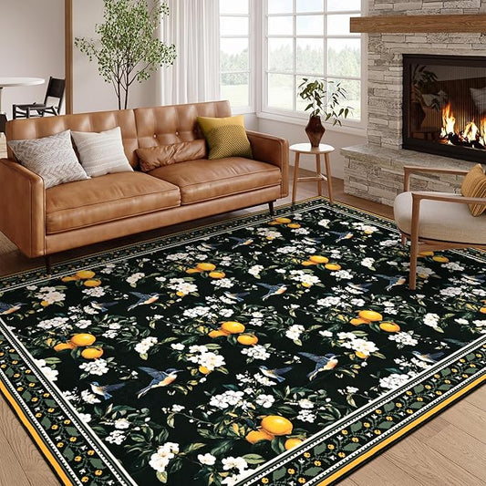 ASPMIZ Vintage Floral Area Rug 5x7 Rug for Living Room Black Washable Rugs for Bedroom Non Slip Soft Low Pile Lemon Hummingbird Throw Rugs for Dining Room Nursery Kitchen Entryway Laundry Office