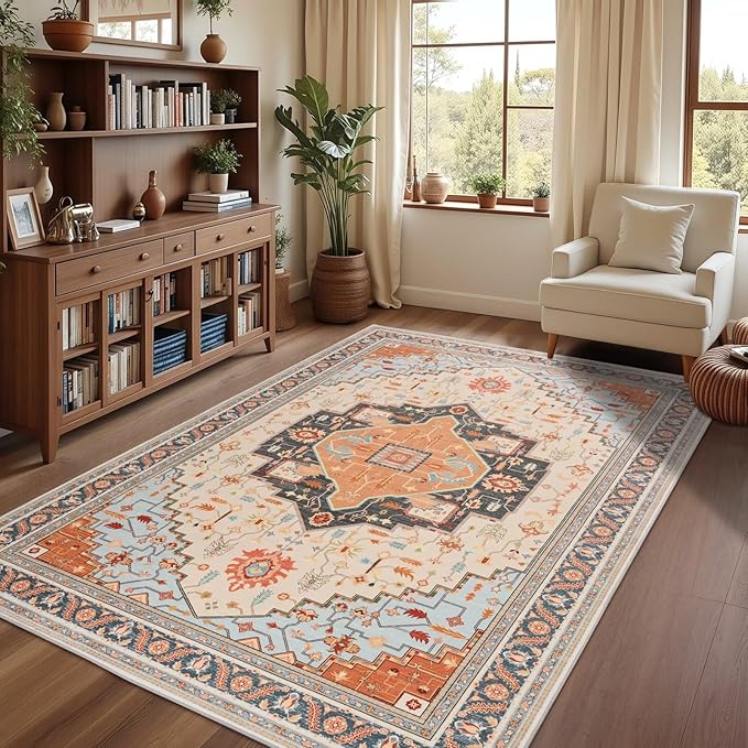 4x6 Orange Beige Area Rug for Living Room, Machine Washable Rugs with Non-Slip Backing for Bedroom, Vintage Medallion Carpet Kitchen Laundry Kids Room Decor