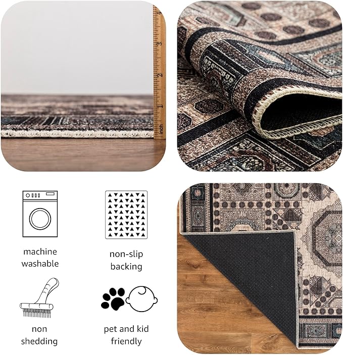 Keen Home Design 2'6" x 10' Machine Washable Runner Rug with Non-Slip Backing, Ideal for Hallway, Entryway, Kitchen, Laundry Room - Vintage, Easy Clean, Durable, Low Pile - Beige / Indigo Blue
