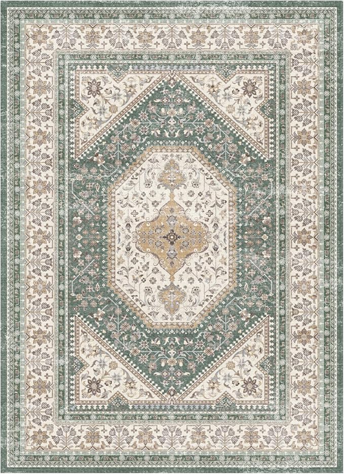 10x14 Washable Vintage Rug: Oriental Rugs for Living Room Non Slip Backing Stain Resistant Large Indoor Carpet for Bedroom Area Rug Dining Room Decor(Green,10x14FT)