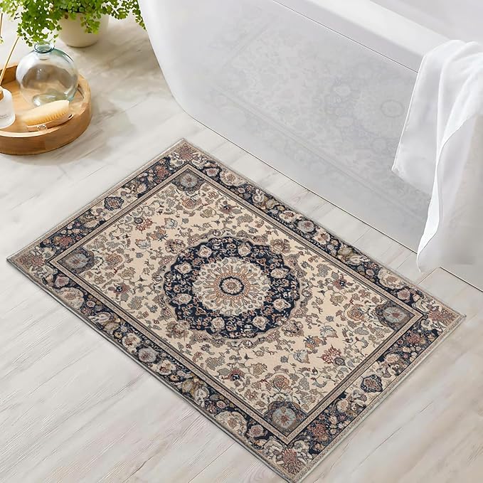 2x3 Boho Rug for Entryway Boho Area Rugs Machine Washable Retro Beige Rug Non Slip Printed Low-Pile Indoor Door Mat Floor Carpet for Kitchen Bathroom Laundry