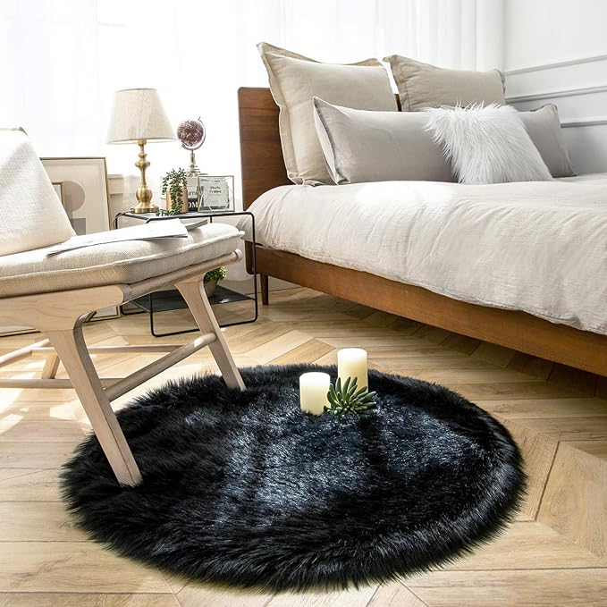 Ashler faux fur rug, Fluffy Shaggy Area Rug Ultra Soft 3 x 3 Feet Round Fur Rug, Black Fuzzy Rug Machine Washable Shag Rug, Nursery Decor Throw Rugs for Bedroom, kids room, Living Room