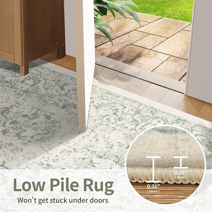 4x6 Washable Area Rug for Living Room, Vintage Boho Rugs for Office, Dining Room, Kids Room, Farmhouse, Durable Low Pile Non Slip Carpet for High Traffic Areas, Light Green
