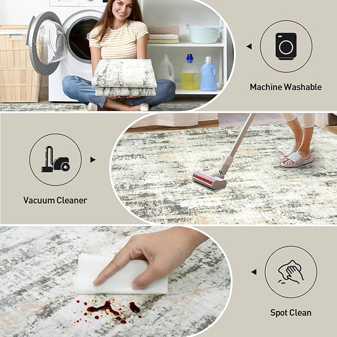 10x14 Area Rugs Washable Rug: Modern Abstract Living Room Rug Soft Anti-Skid Thin Carpet Indoor Floor Non-Shedding Carpets for Bedroom Dining Room Farmhouse Nursery Home Office Grey Brown