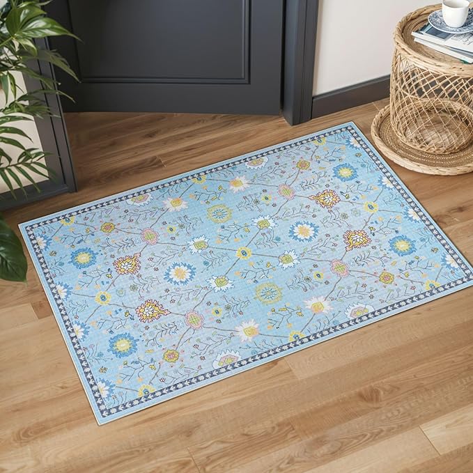 Syalife 2x3 Area Rugs, Non Slip Washable Small Rugs for Entryway, Kitchen, Bathroom, Kids Room, Low Pile Entry Throw Rug Indoor Front Door Mat (Blue Floral, 2'x3')