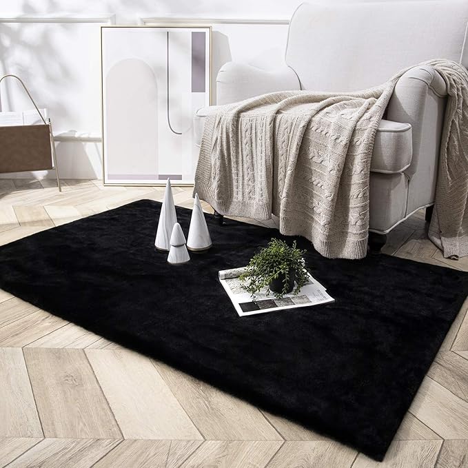 Ashler Faux Fur Rug, Ultra Soft Faux Rabbit Fur, Black Area Rugs, 3 x 5 Feet Rectangle, Machine Washable Nursery Decor Throw Rugs for Bedroom, Kids Room, Living Room