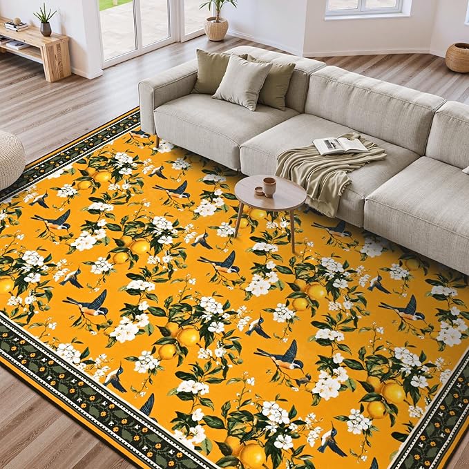ASPMIZ Yellow Area Rug 5x7 Rug for Living Room Vintage Floral Washable Rugs for Bedroom Non Slip Soft Low Pile Lemon Throw Rugs for Dining Room Nursery Kitchen Entryway Laundry Office Mustard Yellow