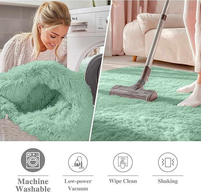 OLANLY Mint Green Round Rugs for Bedroom - Machine Washable, 4x4 Feet Circle Area Rugs for Living Room, Soft and Fluffy Shaggy Carpet for Teen Girl and Boys, Dorms, Nursery Rooms, Home Decor Aesthetic