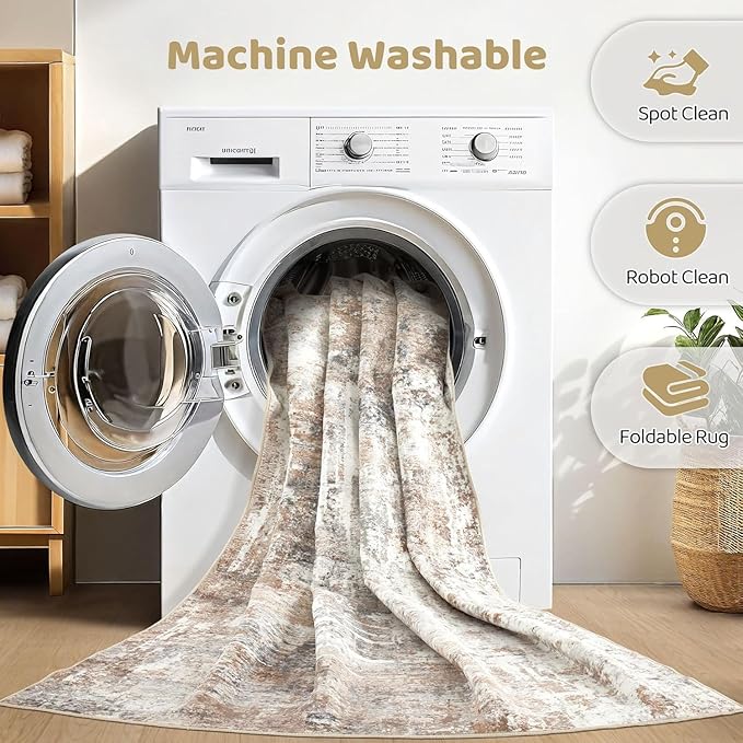 Runner Rug Kitchen Washable Rugs: 3x10 Non-Slip Abstract Soft Modern Stain Resistant Indoor Floor Neutral Accent Throw Carpet for Hallway Bathroom Laundry Room Entryway Bedroom- Brown