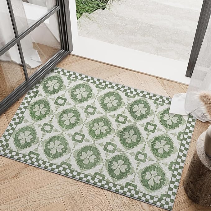 Bathroom Mat Four Leaf Clover Botanical Rugs Sage Green Leaf Modern Machine Washable Soft Plush Rug Carpet Non Slip Area Rug for Entryway Kitchen Living Room Bedroom Dining Room Home 20x31.5 Inch