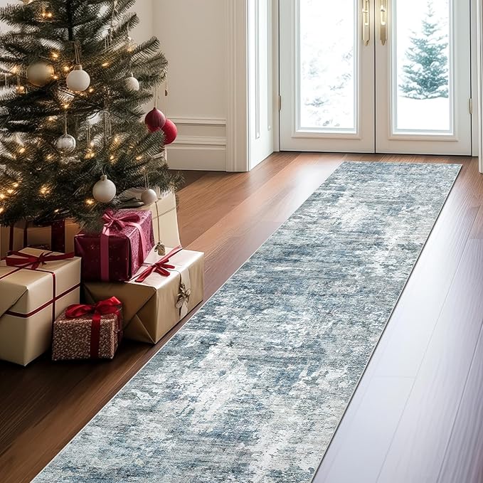 Runner Rug 2'x10' Abstract Washable Non-Slip Runner Rugs for Kitchen Bathroom Laundry Room Blue Vintage Floor Carpet Runners for Hallway Entryway