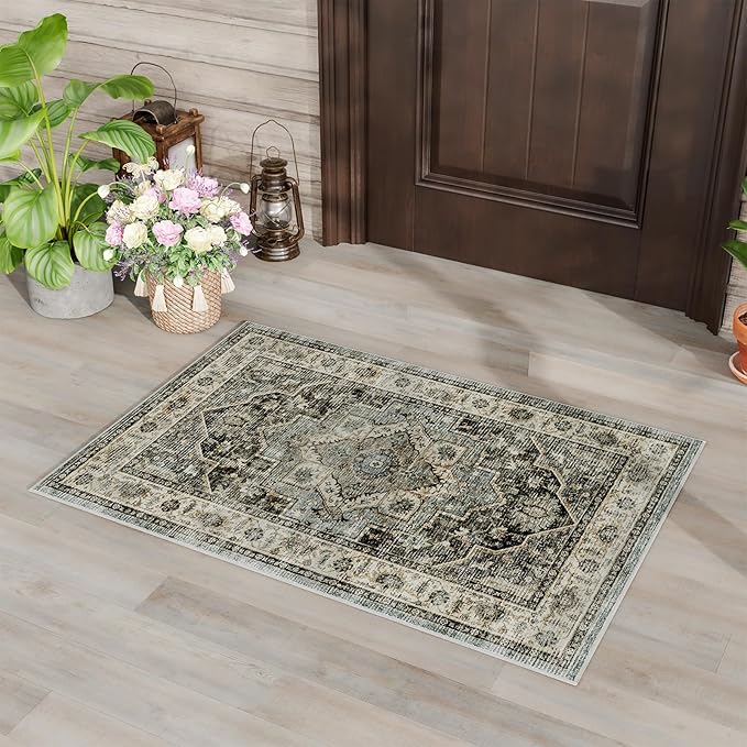 Dripex 2x3 Area Rugs, Machine Washable Non Slip Boho Rugs,Distressed Small Entryway Rug Doormat, 0.24" Low Pile Vintage Rug, Floor Carpet for Front Entrance Kitchen Bathroom,Dark Blue and Green