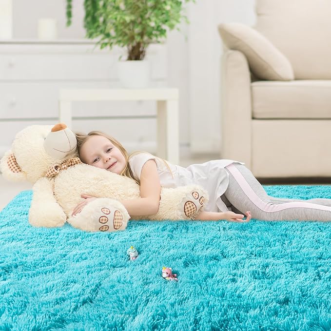 2x3 Area Rug for Bedroom, Small Rugs for Living Room Nursery Kids Room Dorm Home Decor Aesthetic, Fluffy Shaggy Rug with 4 Anti-Slip Carpet Tapes, Teal Blue