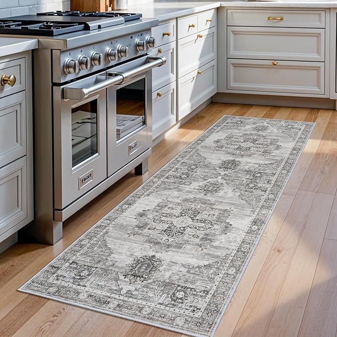 RUUGME 2x6 Hallway Runner Rugs - Washable Boho Rugs for Living Room Stain Resistant Vintage Carpet Tribal Rugs for Bedroom Kitchen Bathroom Non Slip Backing Decor Floor Decoration Mat 2x6 Grey