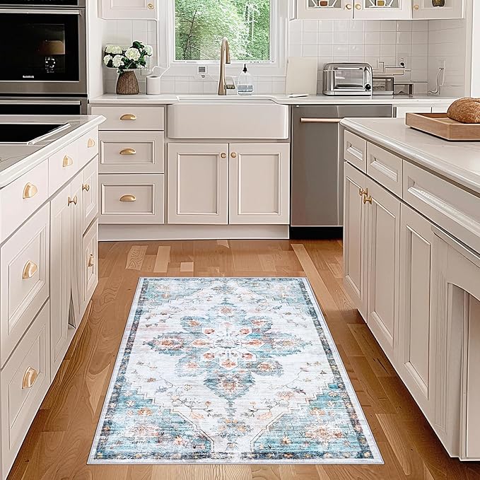 2x3 Rug Entryway Rugs: Washable Boho Vintage Small Rug Indoor Medallion Soft Non Slip Ultra Thin Non-Shedding Front Door Mat for Kitchen Bathroom Bedroom (Azure Blue 2'x3')