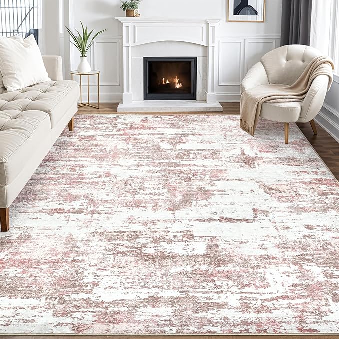 Area Rugs for Living Room: 9x12 Abstract Washable Rug Modern Neutral Large Soft Stain Resistant Non-Slip Backing Machine Table for Bedroom Dining Room Indoor Home Office Carpet - Pink