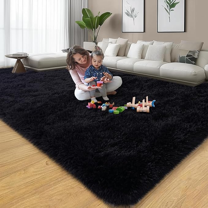 Black Rugs for Living Room, Large Fluffy 6x9 Area Rugs for Bedroom, Soft Shag Shaggy Fuzzy Carpets for Boys and Girls Dorm Room Home Decor (6ft x 9ft, Black)