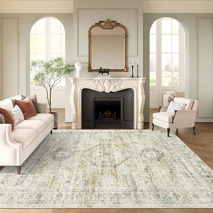 Washable Area Rug 8x10, Large Soft Rugs for Living Room Vintage 8x10 Area Rugs for Bedroom Dining Room Non-Slip Stain Resistant Under Table Grey Rug