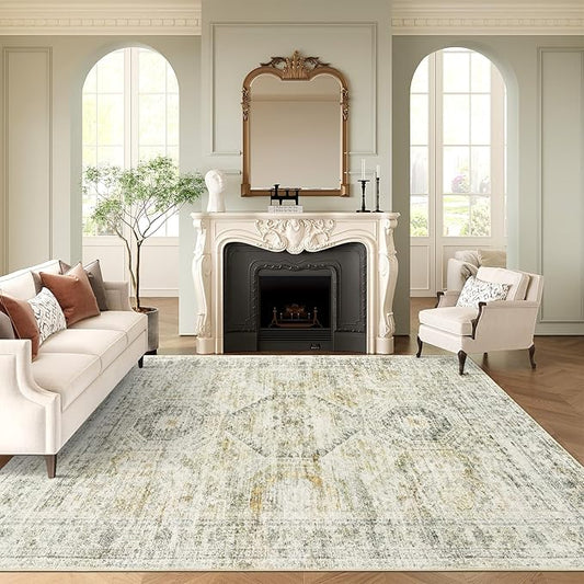 Washable Area Rug 8x10, Large Soft Rugs for Living Room Vintage 8x10 Area Rugs for Bedroom Dining Room Non-Slip Stain Resistant Under Table Grey Rug