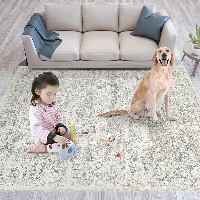 Area Rug 8x10 Washable Rug Living Room Vintage Rug Non Slip Accent Thin Retro Floral Print Indoor Mat for Bedroom Kitchen (Cream-Based with Grey 8x10)…