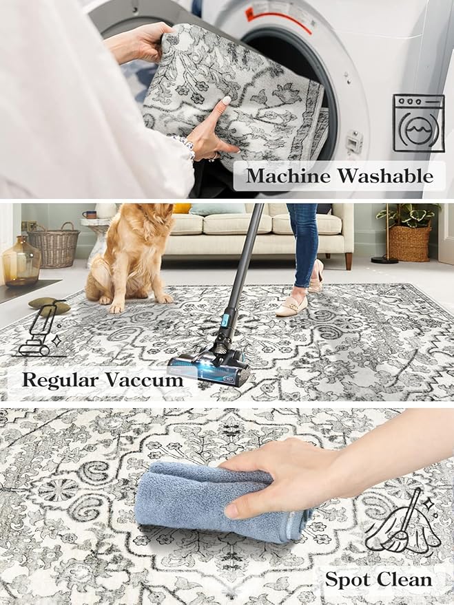 Lahome Washable Runner Rug 2x5, Bohemian Laundry Room Rug Low Pile Bathroom Runner Rugs with Rubber Backing, Printed Non-Slip Throw Carpet Runner for Kitchen Hallway Bedside, Beige