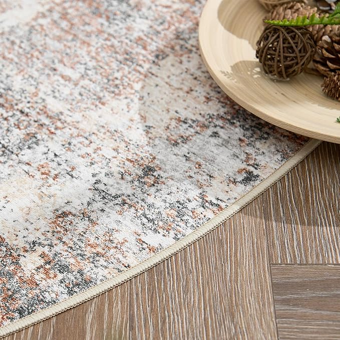 jinchan Round Rug 6ft Modern Area Rug 6' Round Circle Mat Washable Abstract Distressed Floor Cover Taupe Multi Contemporary Non-Slip Overdyed Thin Carpet for Living Room Dining Room Bedroom Kitchen