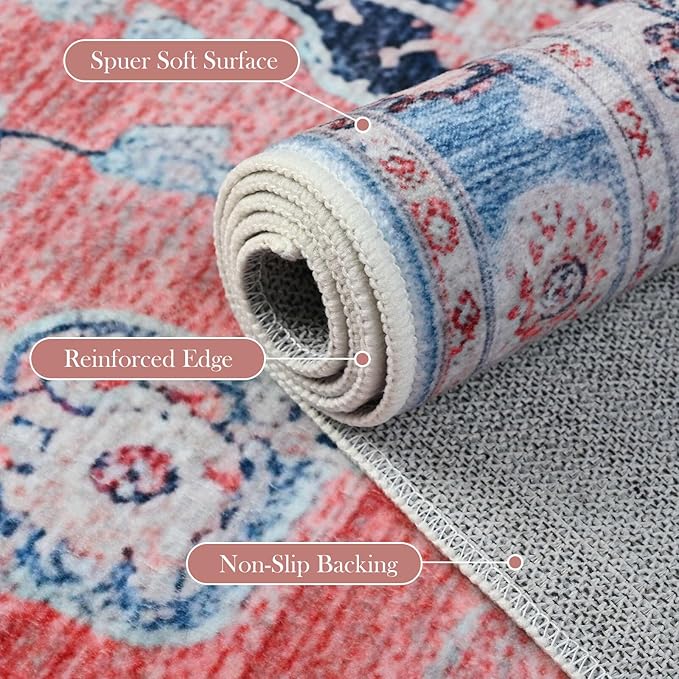 Vintage Entryway 2x3 Rug, Machine Washable Small Medallion Area Rug, Soft Non-Slip Stain Resistance Boho Throw Rugs, Low-Pile Indoor Door Mat for Kitchen Bedroom Hallway Entry, Red Blue