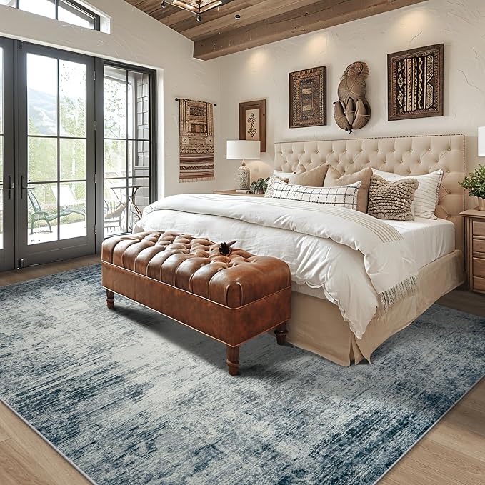 10x14 Area Rugs for Living Room: Soft Abstract Large Area Rug Non-Shedding Anti-Skid Stain Resistant Indoor Floor Modern Washable Rugs for Bedroom Dining Room Nursery Farmhouse Home Office-Blue/Ivory