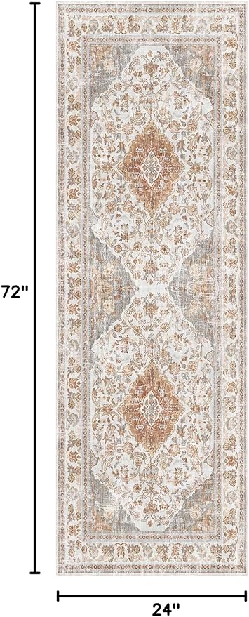 Vhong Boho Area Rugs Washable Vintage Modern Neutral Runner Carpet Brown and Grey 2×6 High Traffic Rug for Kitchen Hallway Living Room Non Slip