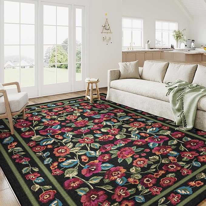 Black Area Rug 8x10 Washable Living Room Non Slip Bedroom Soft Floral Indoor Carpet Vintage Low Pile Accent Throw Rug for Office Dining Room Nursery Farmhouse
