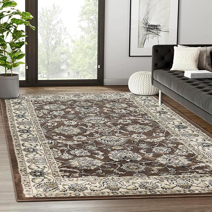 Superior Indoor Area Rug, Jute Backing, Plush Floral Rugs for Entryway, Kitchen Floors, Office Floor Cover, Traditional Oriental Rugs, Lille Collection, 5' x 8', Brown