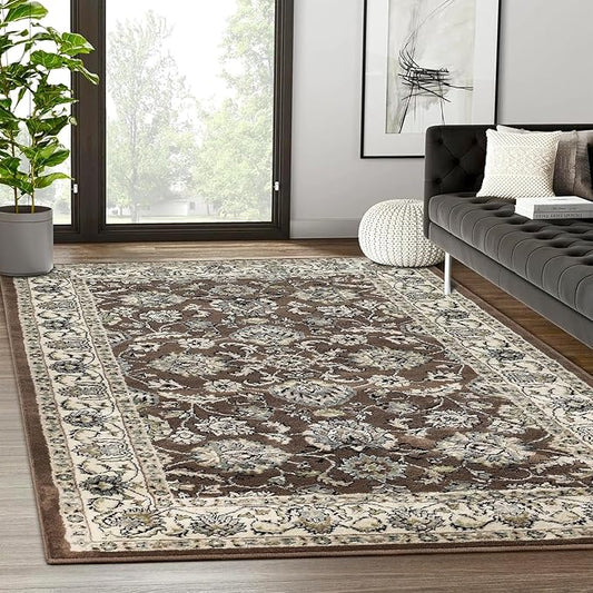 Superior Indoor Area Rug, Jute Backing, Plush Floral Rugs for Entryway, Kitchen Floors, Office Floor Cover, Traditional Oriental Rugs, Lille Collection, 5' x 8', Brown