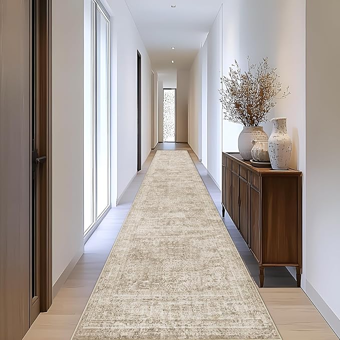 Runner Rug 2'6" x 10' Washable Non-Slip Runner Rugs for Kitchen Bathroom Laundry Room Vintage Ultra Thin Runners for Hallway Entryway Brown