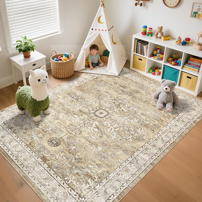 U'Artlines Boho Vintage Area Rug 8x10 Machine Washable Low Pile Soft Floor Carpet Non Slip Non Shedding Accent Rug for Living Room Bedroom Entryway Dining Room Office Cream Tan