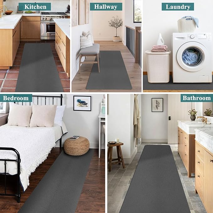 3'x 6' Hallway Runner Rug for Kitchen, Leather-Look Waterproof Vinyl Entryway Floor Mat, Washable Comfort Standing Mat for Bedroom, Bathroom, Laundry Room (Dark Gray)