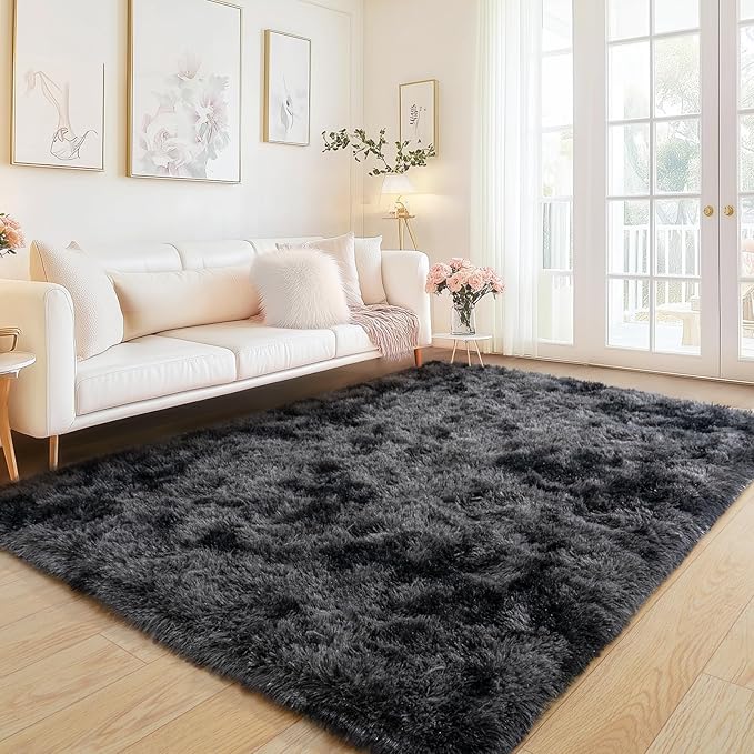 Area Rugs for Bedroom Living Room, Non-Slip Fluffy Shag Floor Carpet, 4x6 Shaggy Soft Plush High Pile Indoor Rug for Nursery Kids Room Dorm Home Decor Aesthetic, Tie-Dye Black Grey