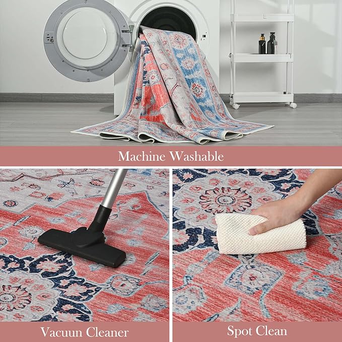 Vintage 3x5 Rug, Entryway Rug with Non Slip Backing, Soft Washable Area Rug for Indoor Entry, Low Pile Stain Resistant Non-Shedding Carpet for Bedroom, Living Room, Entryway, Red Blue