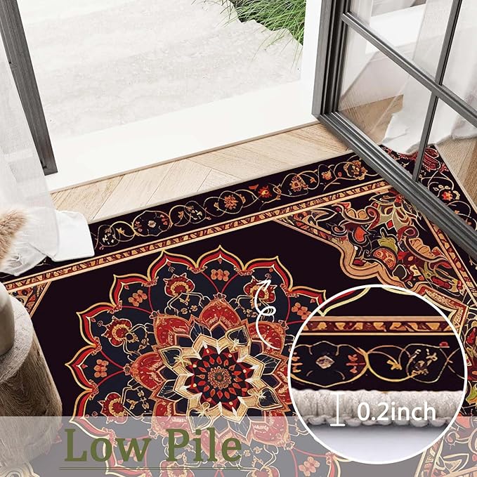 2x3 Entryway Rug Boho Black Red Vintage Oriental Area Rug Ultra-Thin Soft Small Carpet Bathroom Non Slip Indoor Entrance Low Pile Door Mat Kitchen Stain Resistant Washable Machine