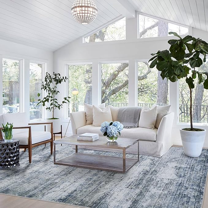 10x14 Area Rugs for Living Room: Large Machine Washable Area Rug with Non Slip Backing Non Shedding Abstract Stain Resistant Carpet for Bedroom Dining Room Nursery Home Office- Blue/Gray