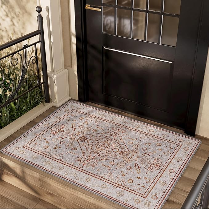 2x3 Small Washable Non-Slip Vintage Chenille Area Rug,Low Pile Distressed Floral Carpet for Entryway Kitchen, Boho Farmhouse Stain Resistant Indoor Rug