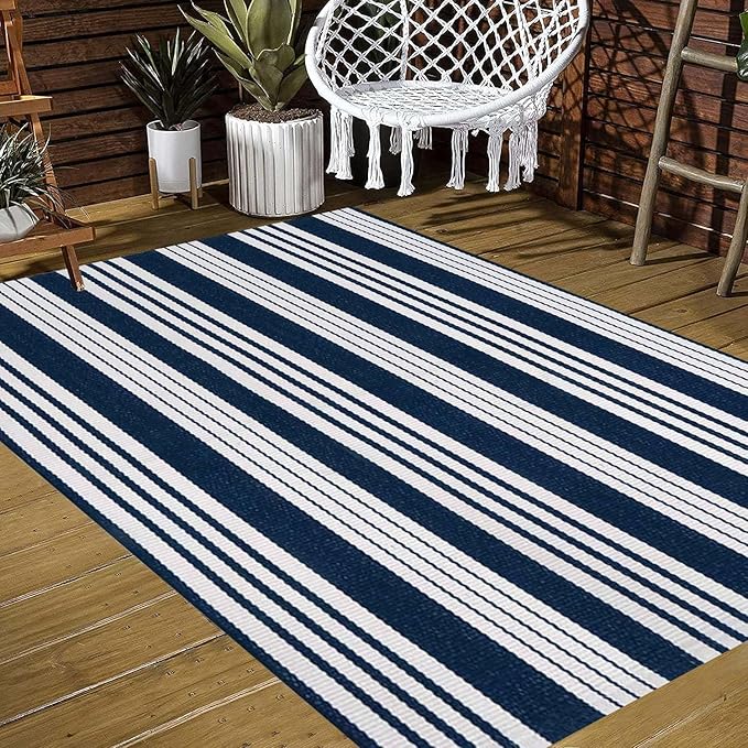 BUAGETUP Blue and White Striped Outdoor Patio Rug 4' x 6',Hand Woven Cotton Patio Rug Front Porch Rug Indoor Outdoor Area Rug for Bedroom/Living/Room/Patio