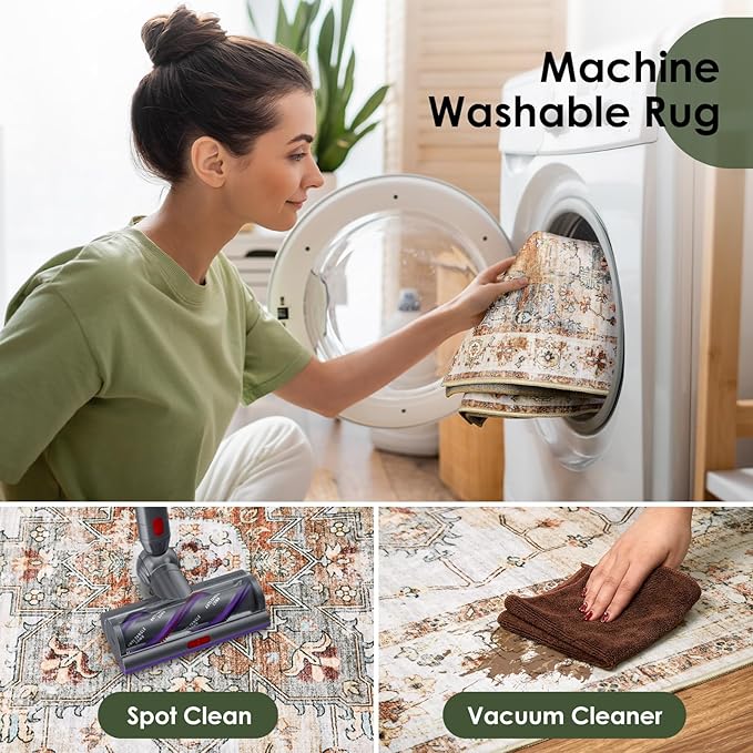 Washable Area Rug for Entryway - 3x5 Soft Indoor Vintage Print Mat Thin Foldable Lightweight Non-Slip Kitchen Bathroom Bedroom, Red