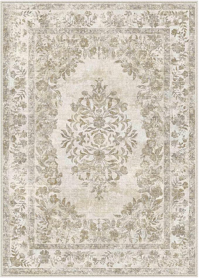2x3 Area Rug Beige Washable Entryway Door Mat Indoor Vintage Medallion Floral Carpet Kitchen Bathroom Distressed Entrance Retro Small Non Slip Accent Throw Bedroom Office Dining Living Room